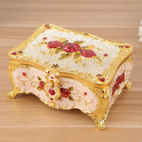 Gold Red Rose Flower Zinc Alloy Trinket Box European Tabletop Decor Rectangle Jewelry Storage Casket With Mirror And Black Inlay