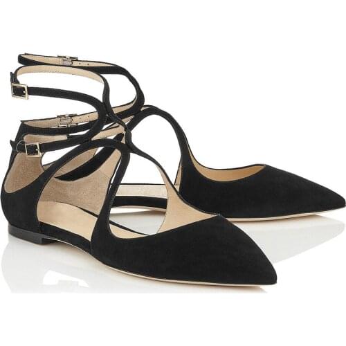 2021 Summer Flats Sandals Solid Pink Black Pointed Flat Womens Sing Shoes Retro Ankle Strap Genuine Leather Dress Mules Shoe