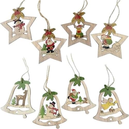 4Pcs/lot Star/bell Wooden Christmas Pendants Hanging Wood Ornaments DIY Xmas Tree Handmade Home Decor Kids Gifts Crafts C3001