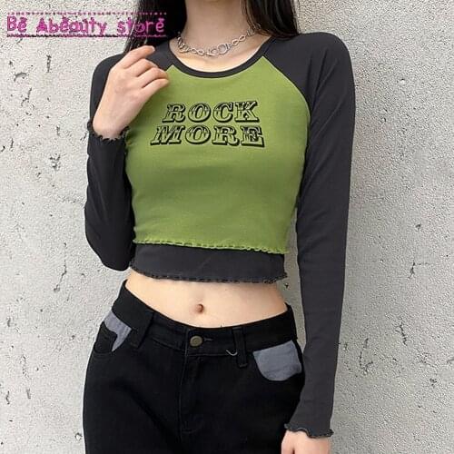 Fake 2 Pieces Letter Print Cotton Tshirt Women Autumn Spring Casual Crop Tops T Shirt Ladies Fashion Basic T-shirt