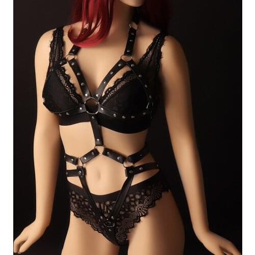 Goth Sexy Body Leather Cross Harness Set Women Bondage Bra Garter Stockings Sword Belt Suspenders BDSM Erotic Lingerie Fetish