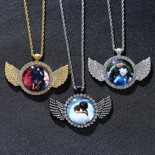 Personalized Custom Photo Necklace for Men Luxury Bling AAA CZ Stones Wings Medallions Pendant Keepsake Anniversary Gifts