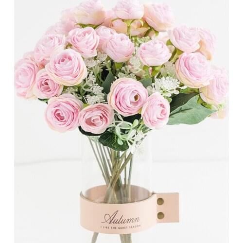 Artificial Flowers Pink Tea Roses Bouquet Wedding Bridal Accessories Clearance Vase for Christmas Home Decorations Fake Plant
