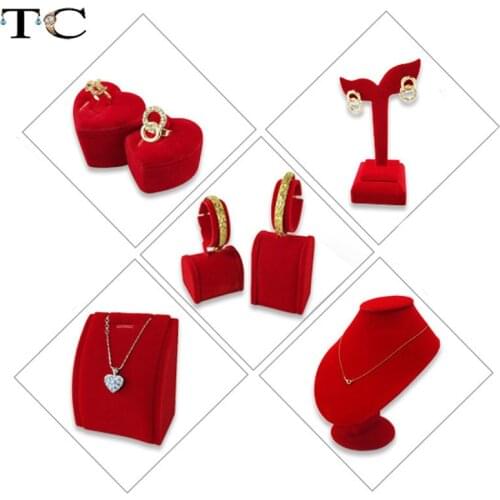 Quality Jewelry Gold Display Holder Wedding Ring Necklace Bracelet Organizer Storage Stand Red Velvet Store Counter Showcase