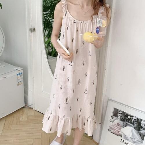 Ice Cream Print Spaghetti Strap Summer Nightgown Korean Loose Cotton Long Sleepwear Casual Kawaii Nightdress Ruffles Homewear
