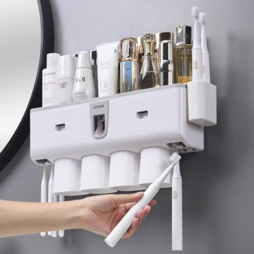 OLOEY Magnetic Adsorption Inverted Toothbrush Holder Automatic Toothpaste Dispenser With Cup Toothpaste Bathroom Accessories Set