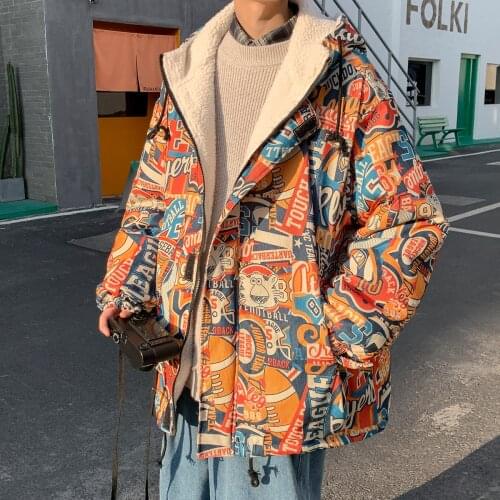 Men Woolen Full Print Hop Hop Winter Jacket 2020 Mens Harajuku Graffiti Coats Male Korean Fashions Chic Oversize Windbreaker 5XL