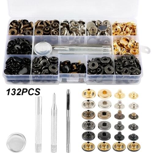 132/360pcs Leather Snap Fasteners Kit 6 Colors Metal Snap Buttons Press Studs 4 Pieces Fixing Tools Storage Box for DIY Supplies