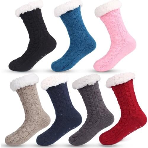 Women Winter Thermal Fleece Floor Socks Pure Color Soft Anti-Slip Long Cotton Socks Knee Highs Winter Sock for Christmas Gift