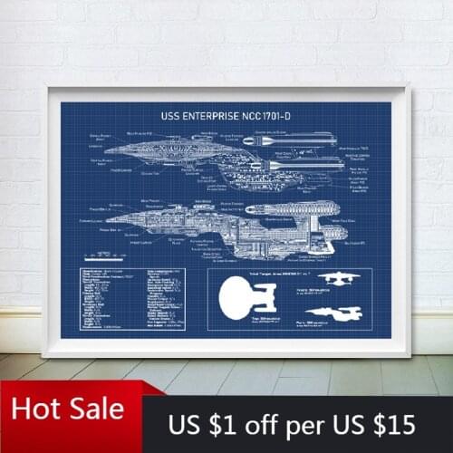 USS Enterprise NCC -1701-D Blueprint Posters and Prints Star Fleet Spaceship Boys Art Canvas Painting Art Room Decor Wall Decor