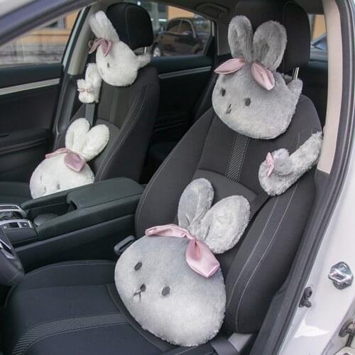 Car Headrest Pillow Lumbar Set Cartoon Rabbit Auto Seat Neck Support Cushion Plush Cute Seatbelt Pad Cover Interior Accessories
