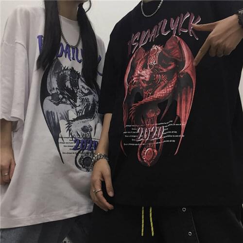 Casual Cool Hip Hop T Shirt Dragon Print T Shirts Streetwear Short Sleeve Tee Tops Summer Fashion Japan Punk Shirt Men Women