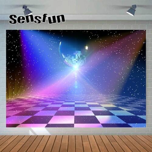 Sensfun Retro 80s Disco Dance Stage Party Backdrop Photo Studio Light Ball Glitter Adult Birthday Photography Background Custom