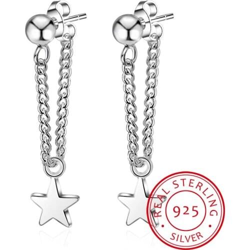 New 925 Sterling Silver Stud Earring Women Jewelry Classic Star Pendant with Ear Wire Chain Earrings for Women Party Gift
