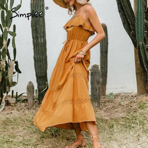 Simplee Beach Holiday Solid Women A-line Dress Autumn Square Collar Ladies Lace Up Dress Cotton Female Long Sleeveless Sundress
