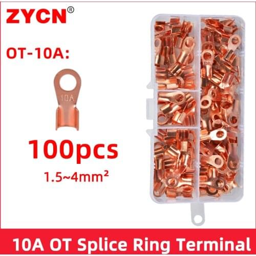 Wire Terminal OT-10A/20A/60A/80A Cable Connector Dia Red Copper Circular Splice Ring Naked Battery Open Lug 50/100Pcs