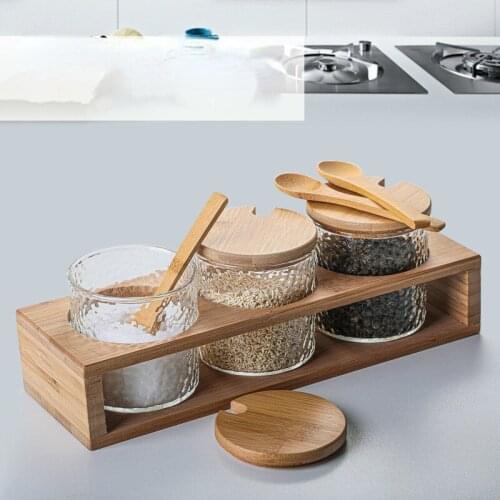 Hammer Pattern 3 Glass Bamboo Wood Seasoning Box Set Household Kitchen Salt Shaker Seasoning Bottle Container Set