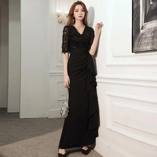 Evening Dress V-Neck Half Sleeves Elegant Sequins Ruched Floor-length Mermaid Zipper Back Plus size Women Formal Party Gown C791