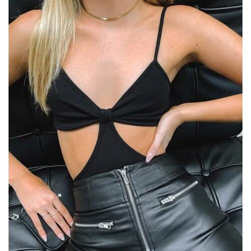 Wsevypo Women Sleeveless Cutout Bodysuit Solid Color Straps V-Neck Leotard Tops Summer Sexy Back Hollow Out Bodysuits