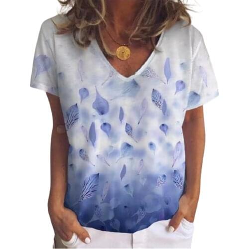 2021 New Women Gradient Leaves Print T Shirt Summer Casual Short Sleeve V-Neck Loose Large Size Tops Tee Ladies 4XL 5XL Clothes