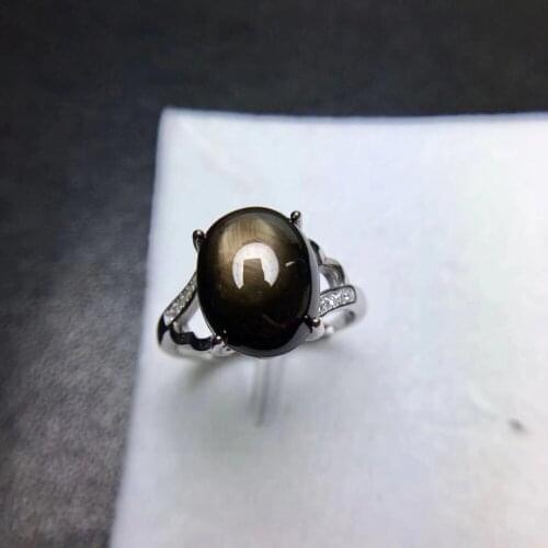 Natural black big 10*12mm Starlight sapphire Ring S925 Silver Natural Gemstone Ring curve round Womens party fine Rings Jewelry