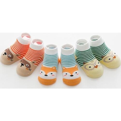 1 lot=6pieces=3pairs Baby Slip-resistant Socks Newborn Boys Girls Striped Cartoon Cotton Socks Baby Socks