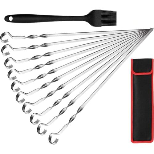10Pcs Kabob Skewers Flat Metal BBQ Barbecue Skewers Stainless Steel Kabob Sticks Reusable Grilling Skewer with Oil Brush