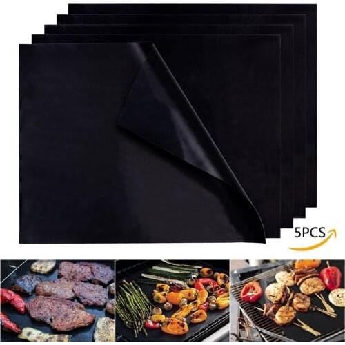 5Pcs PTFE Non-stick BBQ Grill Mat Microwave Oven Baking Liners Heat Resistant Reusable Cooking Sheets Tools 33*40cm Black