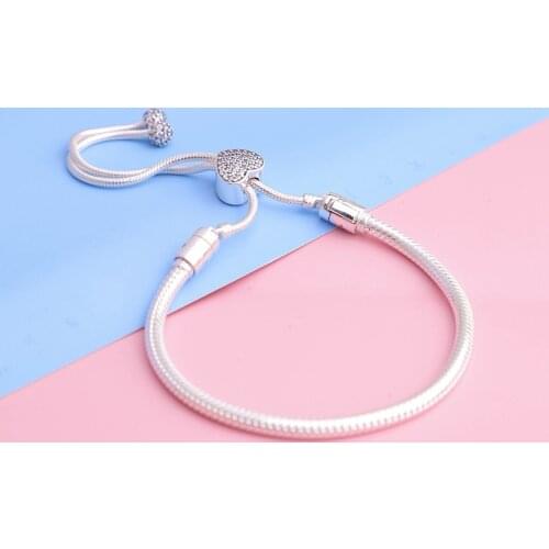 2020 Valentines day Moments Pave Heart Clasp Snake Chain Slider Bracelets for women fit silver 925 charms beads DIY Jewelry