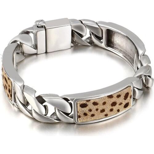 Jewels Store Leopard Velvet Stitching Bracelet Mens Stainless Steel Charm Wild Bracelets Jewelry For Man JS26542-D