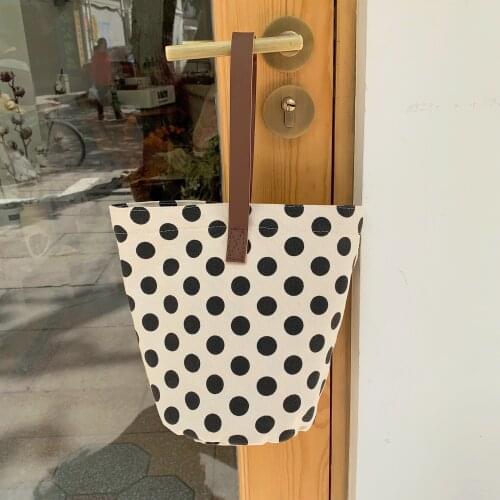 Wave Point Canvas Hand Bag For Women Portable Leather Shoulder Strap Bucket Bag Literature And Art Shoulder Bag Lunch Box Bag