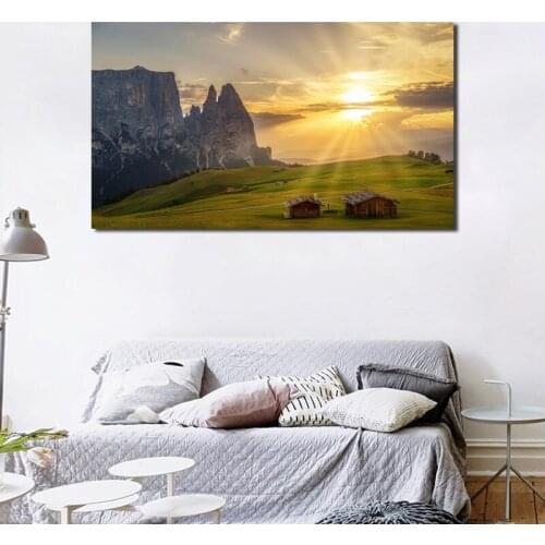 Grasslands Houses Mountain Sunrise Italy Nature Landscape Art Canvas Poster Painting Wall Picture Print Home Bedroom Decoration