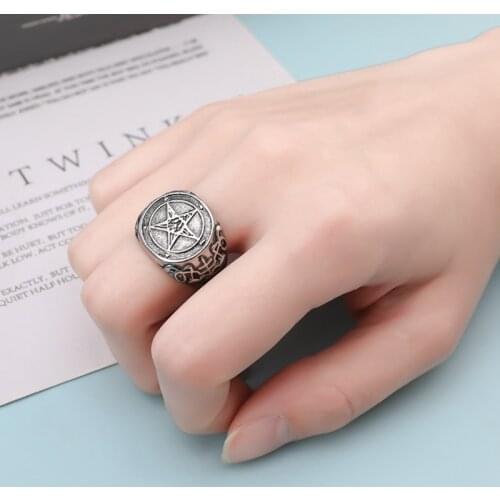 Retro Personality Pentagram Satanism Five-Pointed Star Rings Stainless Steel Gothic Punk Minimalist Signet Ring Men Jewelry Gift