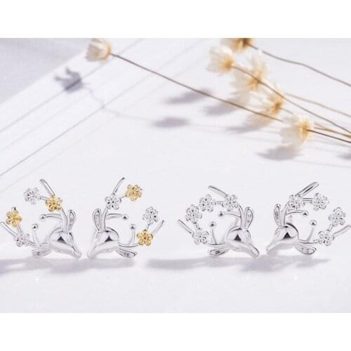 Korean Cute Plum Elk Earrings for Women Silver Colour Copper Antlers Flower Small Stud Earrings Christmas Gifts Fashion New 2020