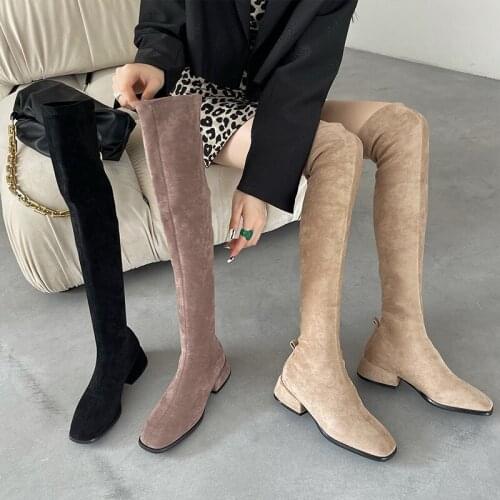 2021 Winter New British Style Thick Heel Boots Womens Suede High Boots Womens Mid-heel Stovepipe Over-the-knee Stretch Boots