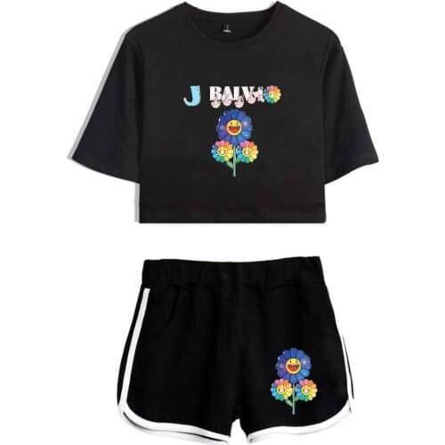 New Trend J BALVIN Summer Girl Sets Sexy Short Tops+shorts Elastic Suit Streetwear Women Two Piece Sets Y2K Sun Flower Clothes