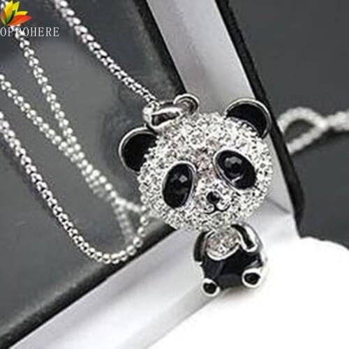 OPPOHERE Classical Womens Rhinestone Moving Head Panda Pendant Sweater Chain Necklace For Women Charm Necklace Jewelry