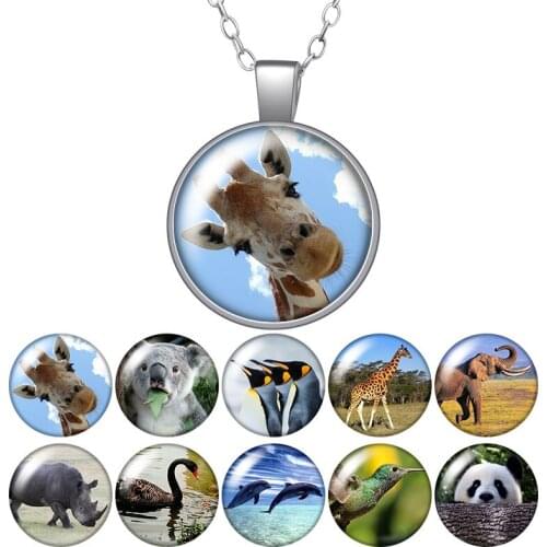 Animals giraffe panda elephant dolphin Round Pendant Necklace 25mm Glass Cabochon Silver color Jewelry Women Birthday Gift 50cm