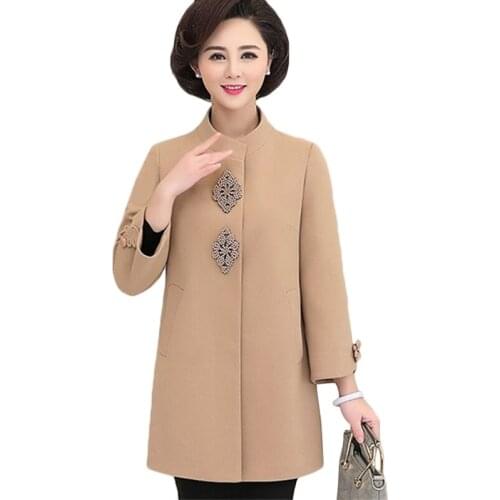New Middle-aged womens Woolen coat Autumn Winter Fashion Casual Round neck Woolen coats Plus size Female Trench coats 5XL F1037