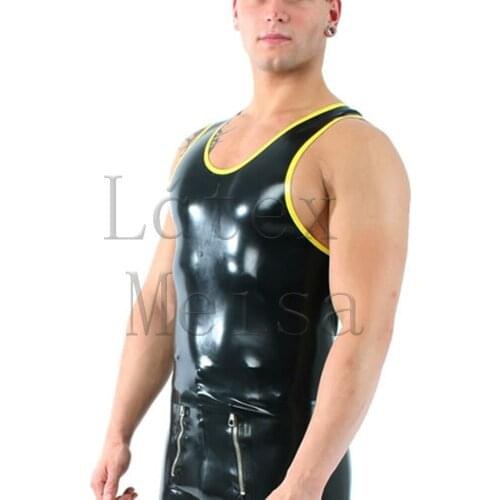 Casual mens latex vest in black with yellow trim color with 100% handmade