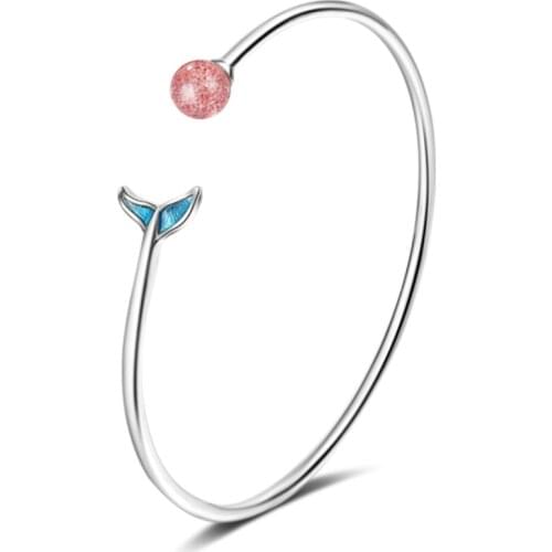 Simple student style personality wild natural strawberry crystal blue small fishtail silver plated bangles LU002
