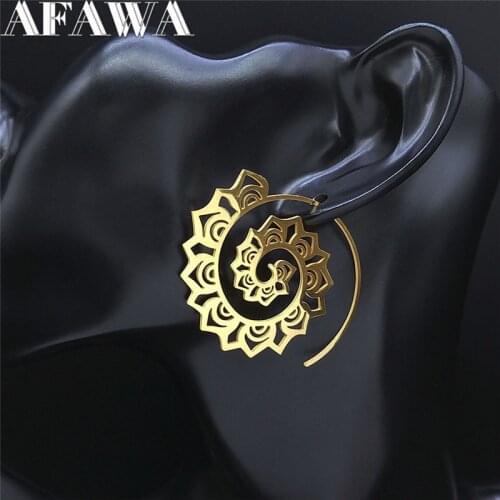 Stainless Steel Hoop Earings Women Gold Color Flower of Life Round Earings Women Round Bohemia Jewelry pendientes mujer E9206S01