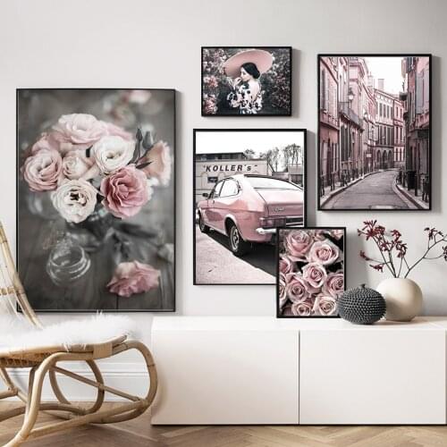 Nordic Posters & Prints Rose Flowers Pink Car Street Girl Building Wall Art Canvas Painting Wall Pictures For Home Room Decor