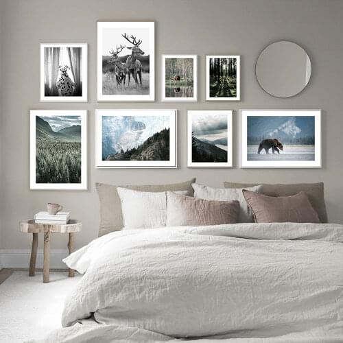 Nordic Poster Canvas Natural Landscape Animals Mountain Forest Brown Bear Painting Art Print Wall Picture Living Room Home Decor