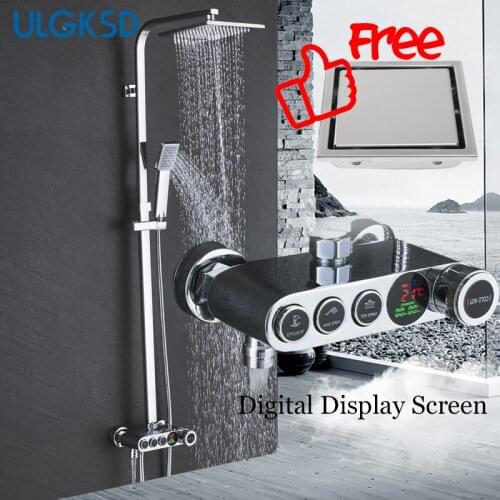 ULGKSD Bathroom Rainfall Shower Faucet Set Digital Display Shower Head Hot Cold Water Mixer Tap Ceramic Valve Bath Faucets
