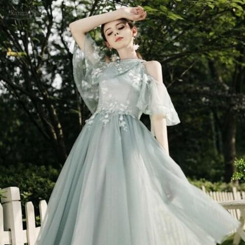 A Line Bridesmaid Dresses Grey Blue V Neck Tea Length Modest Wedding Guest Dress New Eve Dress Wedding Party For Women JQ642