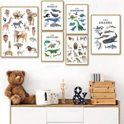 Vintage Animals Nordic Poster Watercolor Whales Dinosaurs Sharks Canvas Painting Wall Pictures for Kids Room Home Decoration