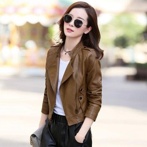 Womens Leather Jacket Short 2021 Spring And Autumn New Motorcycle Leather Jacket Slim Wild Womens Clothing Black