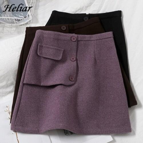 HELIAR Winter Wool Mini Skirt Women Solid Button With mock pocket Fashion Bodycon Skirts Slim High Waist Fashion Girl Skirts