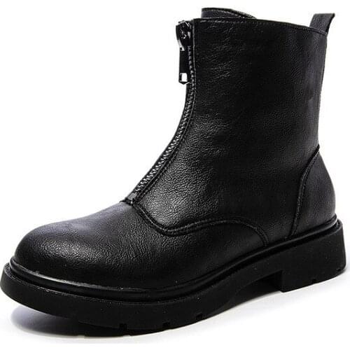 Krasovki 2021 Leather Boots Flat Bottom Breathable Fashion Large Size Warm Womens Short Boots Womens Autumn New Front Zipper